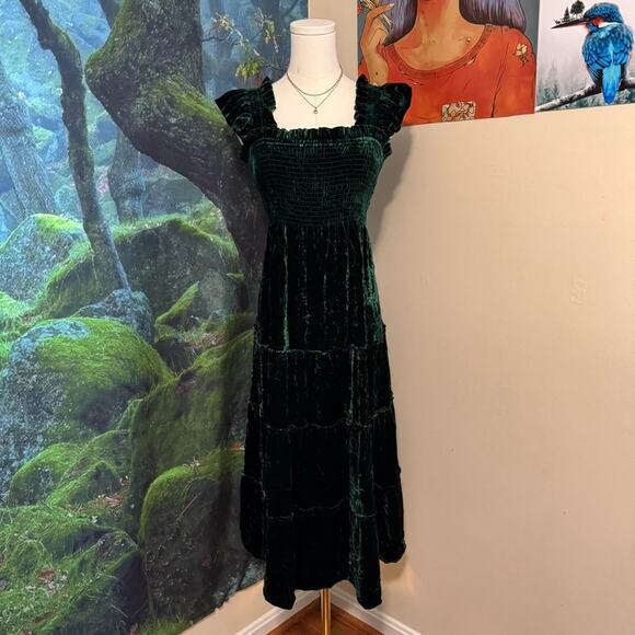 hill house home velvet nap dress green tiered smocked cottagecore midi - Picture 4 of 8